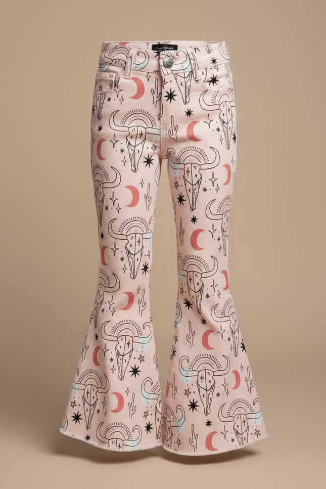Pantalon Patte D'Éléphant Rose Imprimé Crânes Évasé Fille - Jean - vue 3