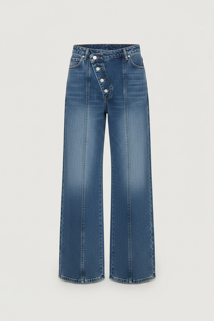 Pantalon Patte D'Éléphant En Jean Délavé, Taille Haute, Irrégulier - Bleu - vue 3