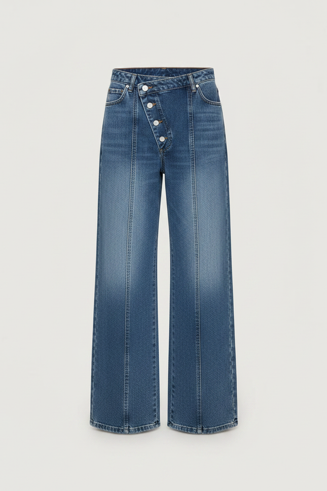 Pantalon Patte D'Éléphant En Jean Délavé, Taille Haute, Irrégulier - Bleu - vue 3