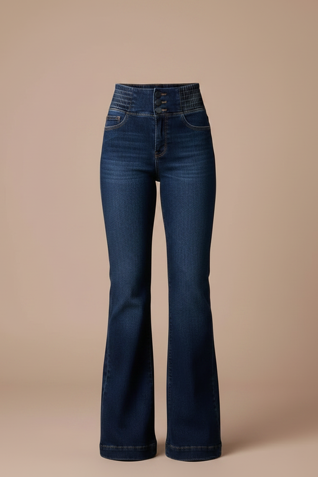 Pantalon Patte D'Éléphant Jean Taille Haute Bleu Foncé Évasé - Marine - vue 3