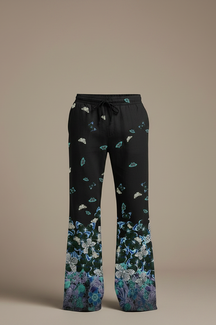 Pantalon Patte D'Éléphant Noir Papillons Floraux Ample Homme - Lin - vue 3