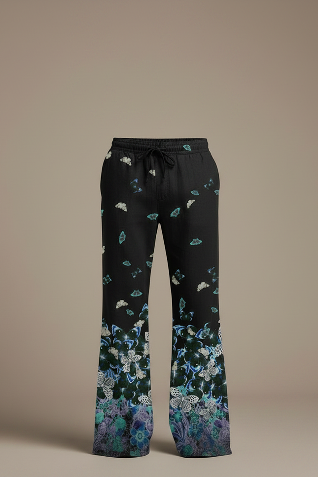 Pantalon Patte D'Éléphant Noir Papillons Floraux Ample Homme - Lin - vue 3