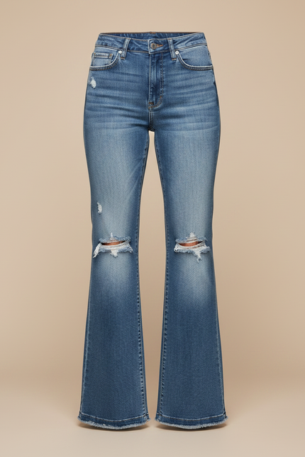 Pantalon Patte D'Éléphant Bleu Denim Délavé Taille Haute Déchiré - Jean - vue 3