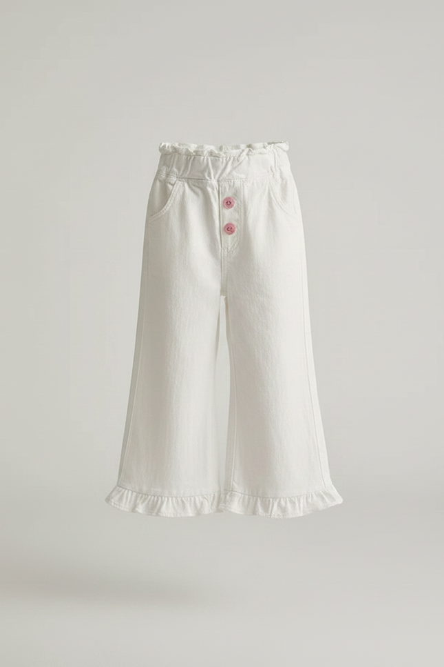Pantalon Patte D'Éléphant Blanc Volants Ample Boutons Roses - Jean - vue 3