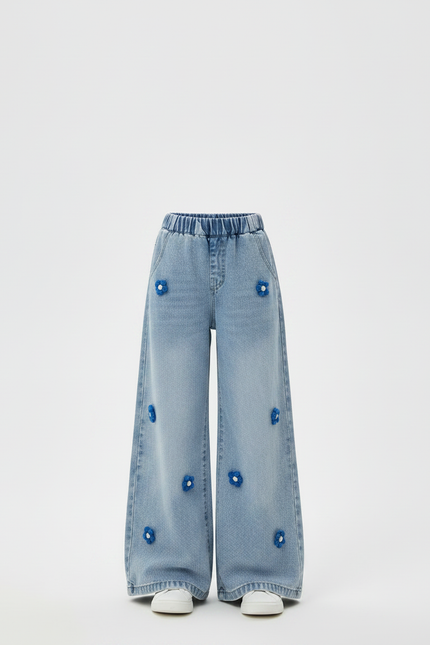 Pantalon Patte D'Éléphant Bleu Ample Floral Fille Denim - Jean - vue 3