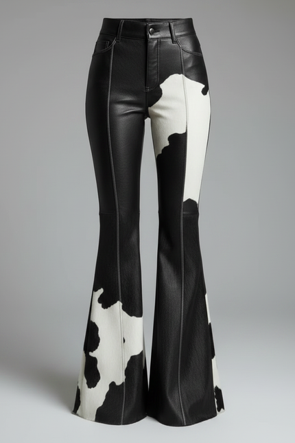 Pantalon Patte D'Éléphant Noir Blanc Imprimé Vache Cuir Évasé - vue 3