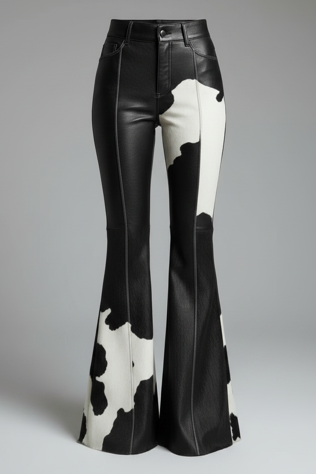 Pantalon Patte D'Éléphant Noir Blanc Imprimé Vache Cuir Évasé - vue 3