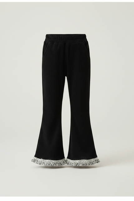 Pantalon Patte D'Éléphant Noir Côtelé Franges Tressées Fille - Cordé - vue 3