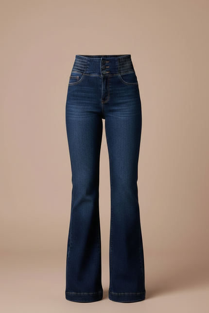 Pantalon Patte D'Éléphant Jean Taille Haute Bleu Foncé Évasé - Marine - vue 3