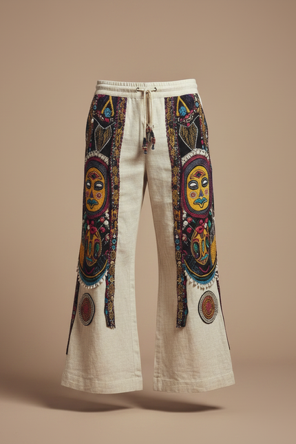 Pantalon Patte D'Éléphant Ethnique Imprimé Totem Ample Lin - Beige - vue 3