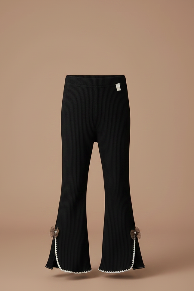 Pantalon Patte D'Éléphant Noir Côtelé Évasé Nœuds Enfant - Maille - vue 3