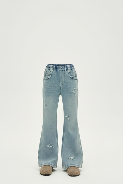Pantalon Patte D'Éléphant Bleu Clair Évasé Nœuds Strass - Jean - vue 3