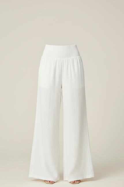 Pantalon Patte D'Éléphant Blanc Fluide Taille Smockée Élégant - Lin - vue 3