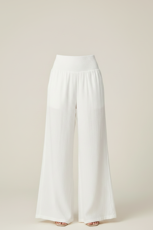 Pantalon Patte D'Éléphant Blanc Fluide Taille Smockée Élégant - Lin - vue 3