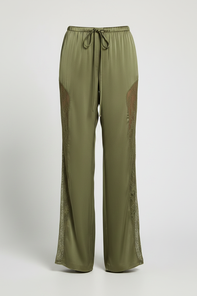 Pantalon Patte D'Éléphant Vert Satiné Dentelle Fluide Élégant - vue 3