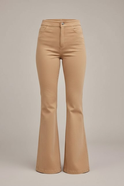 Pantalon Patte D'Éléphant Beige Taille Haute Boutons Évasé Élégant - Gabardine - vue 3