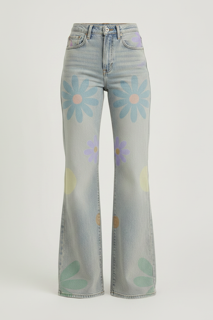 Pantalon Patte D'Éléphant Bleu Fleuri Délavé Taille Haute - Jean - vue 3