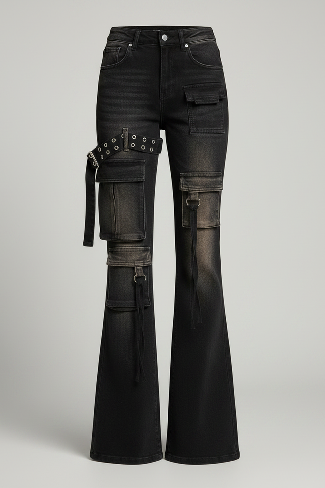 Pantalon Patte D'Éléphant Noir Délavé Cargo Ceinturé Évasé - Jean - vue 3