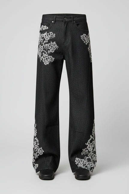 Pantalon Patte D'Éléphant Denim Noir Broderie Florale Homme - Jean - vue 3