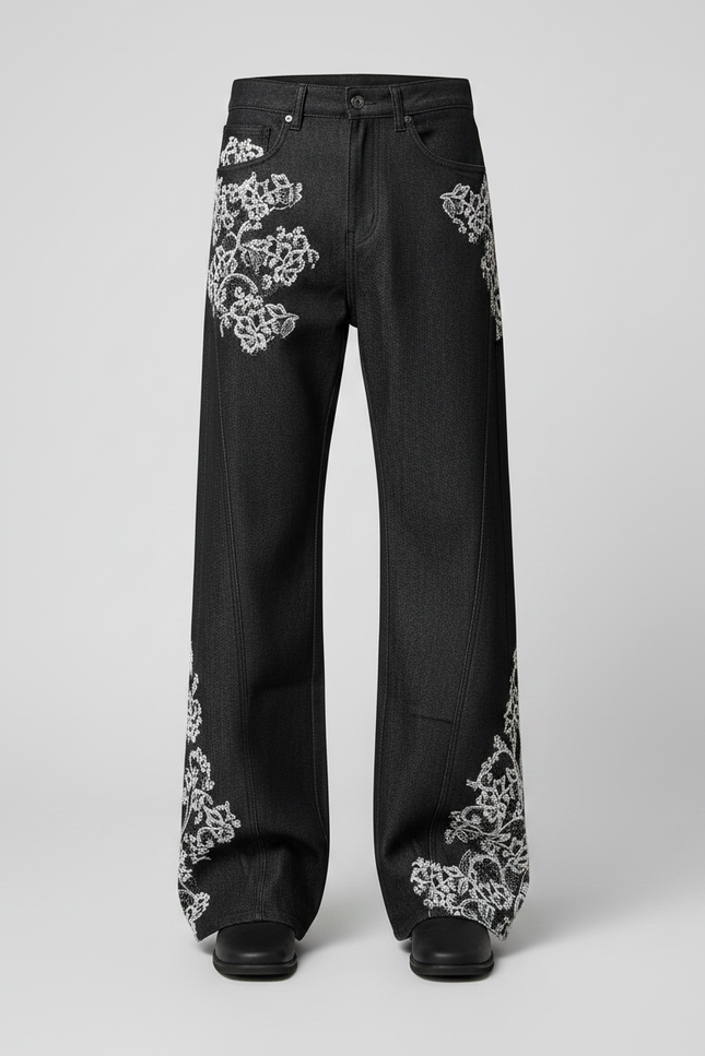 Pantalon Patte D'Éléphant Denim Noir Broderie Florale Homme - Jean - vue 3
