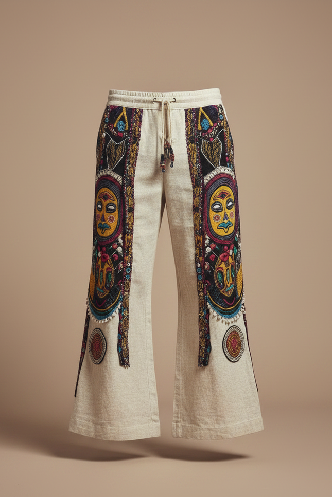 Pantalon Patte D'Éléphant Ethnique Imprimé Totem Ample Lin - Beige - vue 3