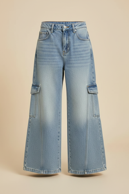 Pantalon Patte D'Éléphant Large Cargo Denim Bleu Enfant - Jean - vue 3