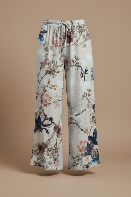 Pantalon Patte D'Éléphant Beige Floral Fluide Cordon Ample - Lin - vue 3