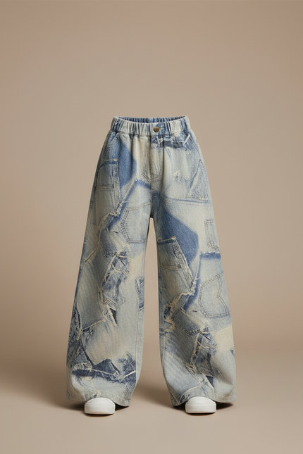 Pantalon Patte D'Éléphant Denim Patchwork Ample Délavé Enfant - Multicolore Jean - vue 3