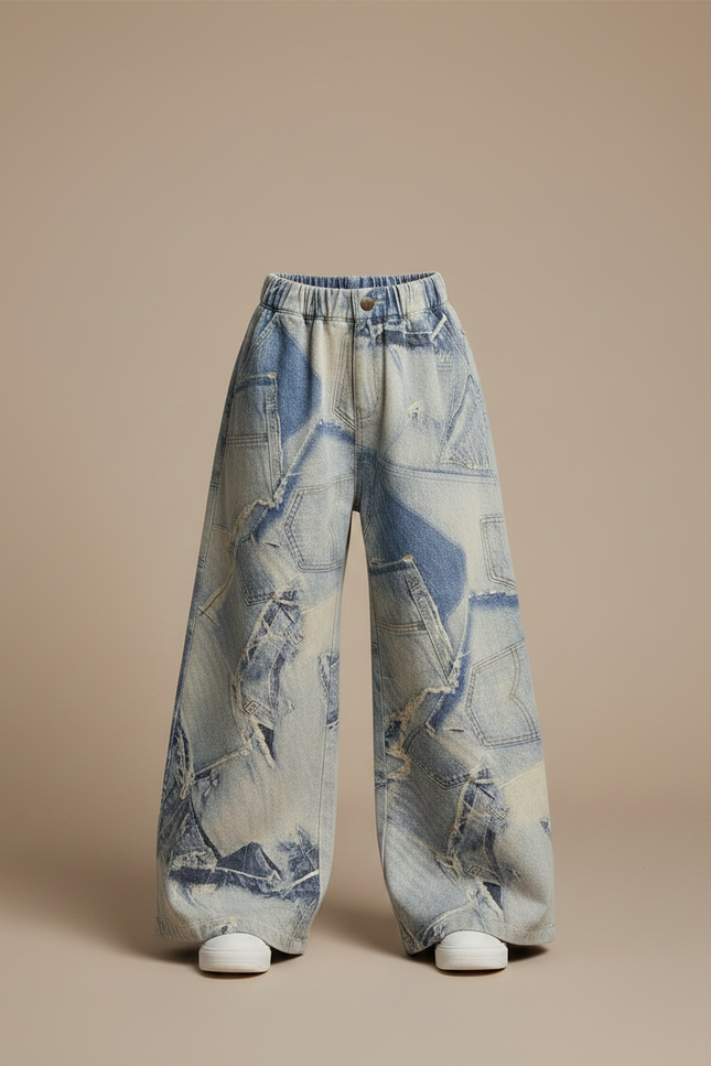 Pantalon Patte D'Éléphant Denim Patchwork Ample Délavé Enfant - Multicolore Jean - vue 3