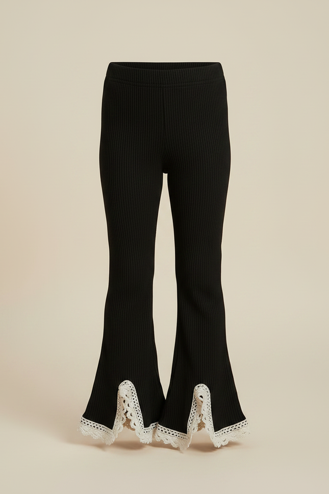 Pantalon Patte D'Éléphant Noir Côtelé Évasé Dentelle Fille - Maille - vue 3