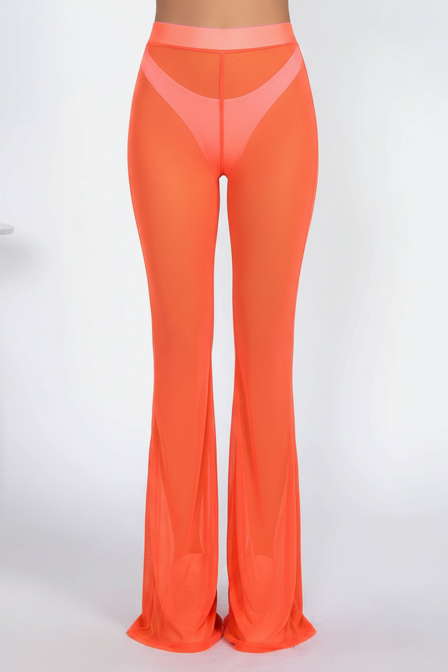 Pantalon Patte D'Éléphant Orange Transparent Maille Évasé Sexy - vue 2