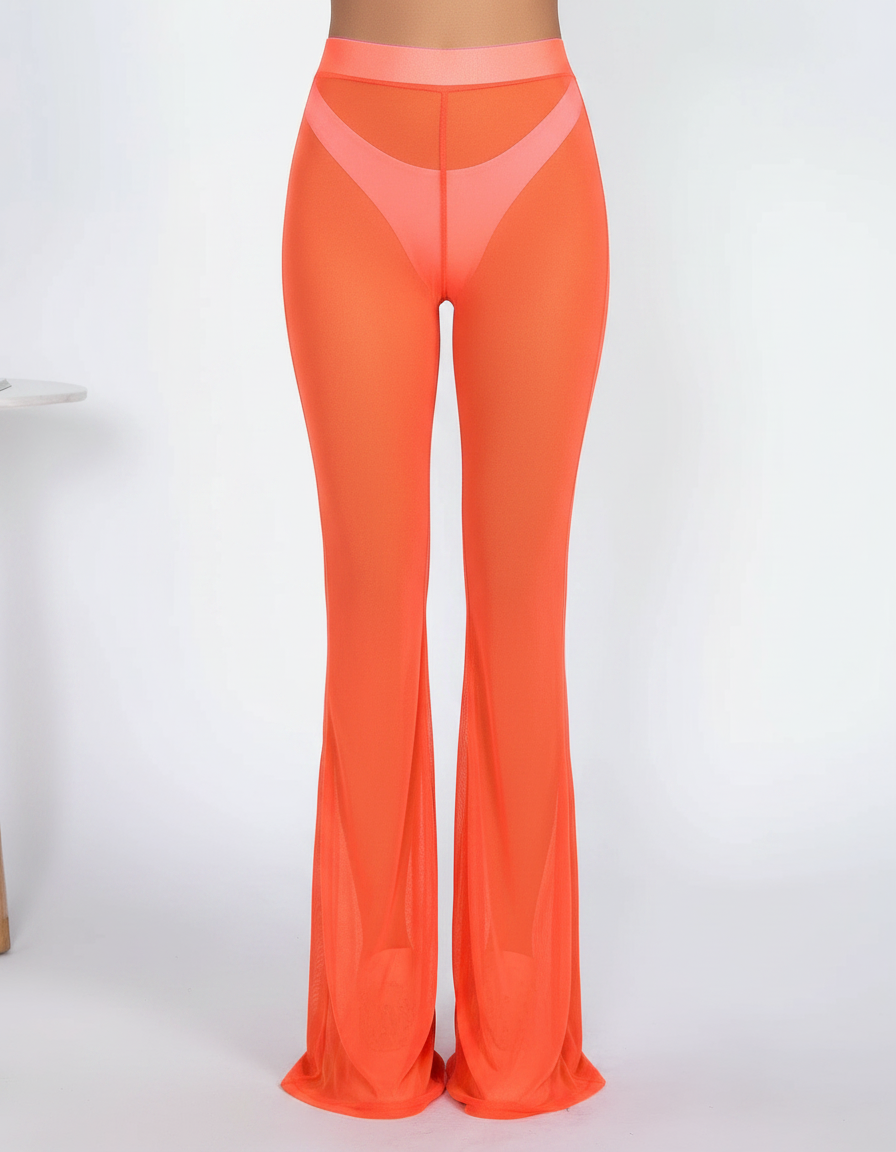 Pantalon Patte D'Éléphant Orange Transparent Maille Évasé Sexy - vue 2