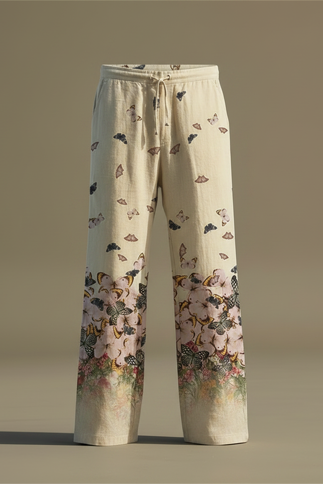 Pantalon Patte D'Éléphant Beige Lin Imprimé Papillons Floral Ample - vue 3