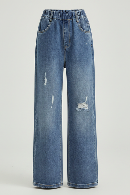 Pantalon Patte D'Éléphant Denim Large Déchiré Fille - Bleu Jean - vue 3
