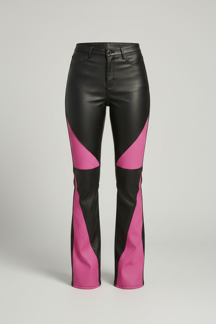 Pantalon Patte D'Éléphant Noir Rose Bicolore Similicuir Évasé Tendance - Multicolore Simili cuir - vue 3