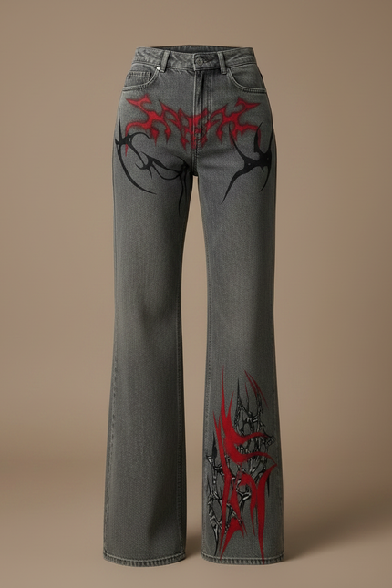 Pantalon Patte D'Éléphant Gris Imprimé Tribal Gothique Ample - Jean - vue 3