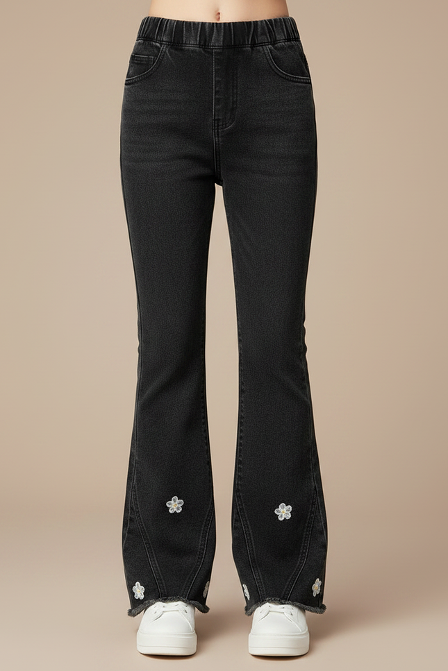 Pantalon Patte D'Éléphant Noir Denim Évasé Fleurs Fille - Jean - vue 3