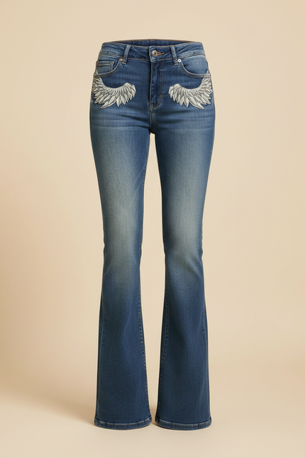 Pantalon Patte D'Éléphant Jean Bleu Brodé Taille Basse - vue 3