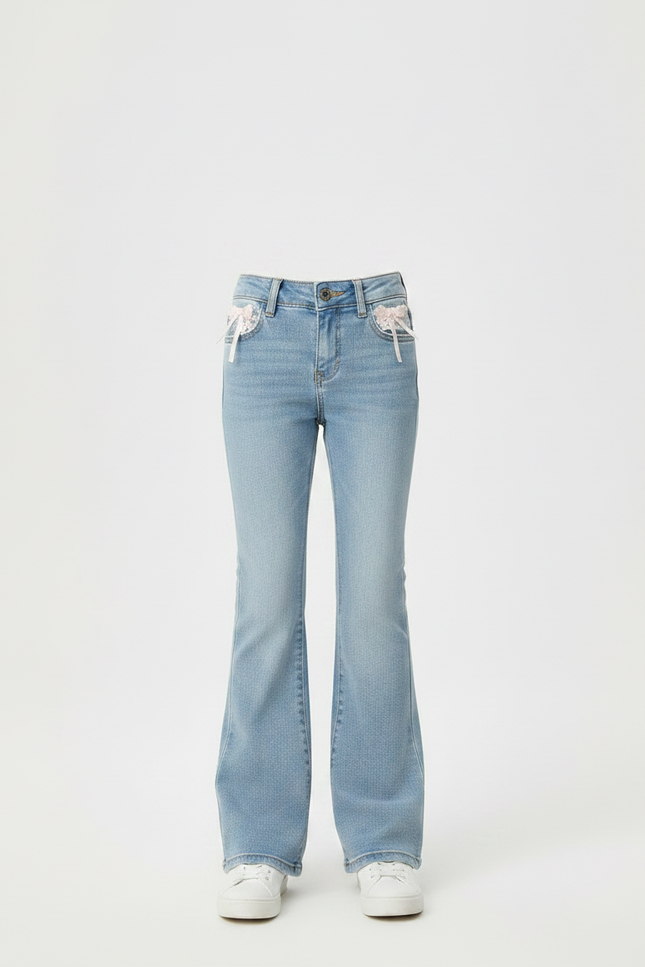 Pantalon Patte D'Éléphant Bleu Clair Décoré Dentelle Kawaii - Jean - vue 3