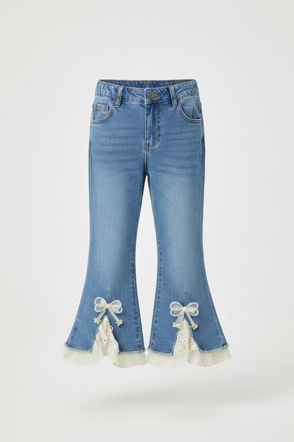 Pantalon Patte D'Éléphant Denim Bleu, Dentelle, Nœuds, Fille - Jean - vue 3