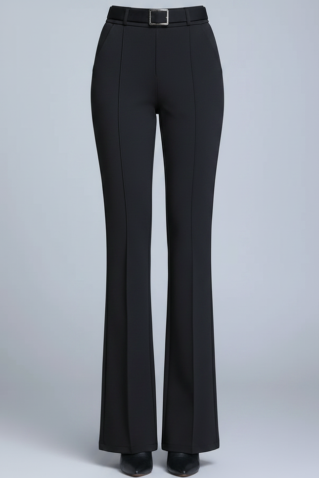 Pantalon Patte D'Éléphant Noir Élégant Taille Haute Ceinturé - Polyester - vue 3