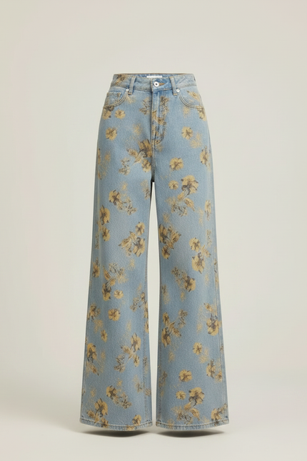 Pantalon Patte D'Éléphant Évasé Bleu Fleuri Vintage Taille Haute - Imprimé Jean - vue 3