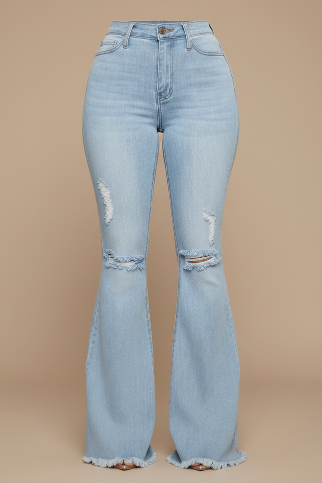 Pantalon Patte D'Éléphant Jean Délavé Déchiré Taille Haute Évasé - Bleu - vue 3
