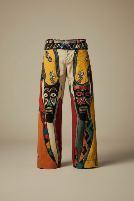 Pantalon Patte D'Éléphant Ethnique Imprimé Totem Africain Ample Homme - Multicolore Lin - vue 3