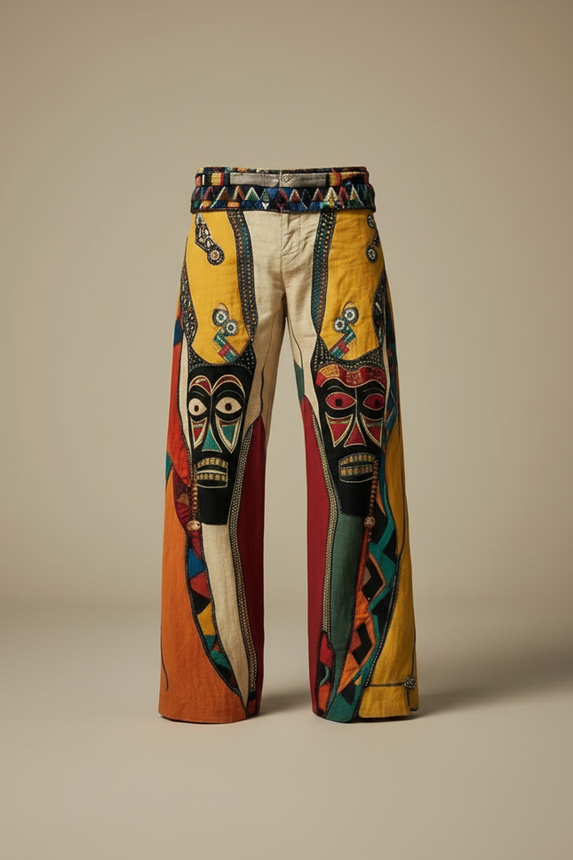 Pantalon Patte D'Éléphant Ethnique Imprimé Totem Africain Ample Homme - Multicolore Lin - vue 3