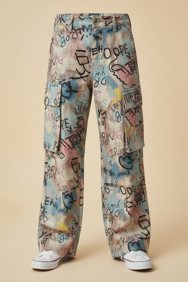 Pantalon Patte D'Éléphant Imprimé Graffiti Ample Garçon Décontracté - Lin - vue 3