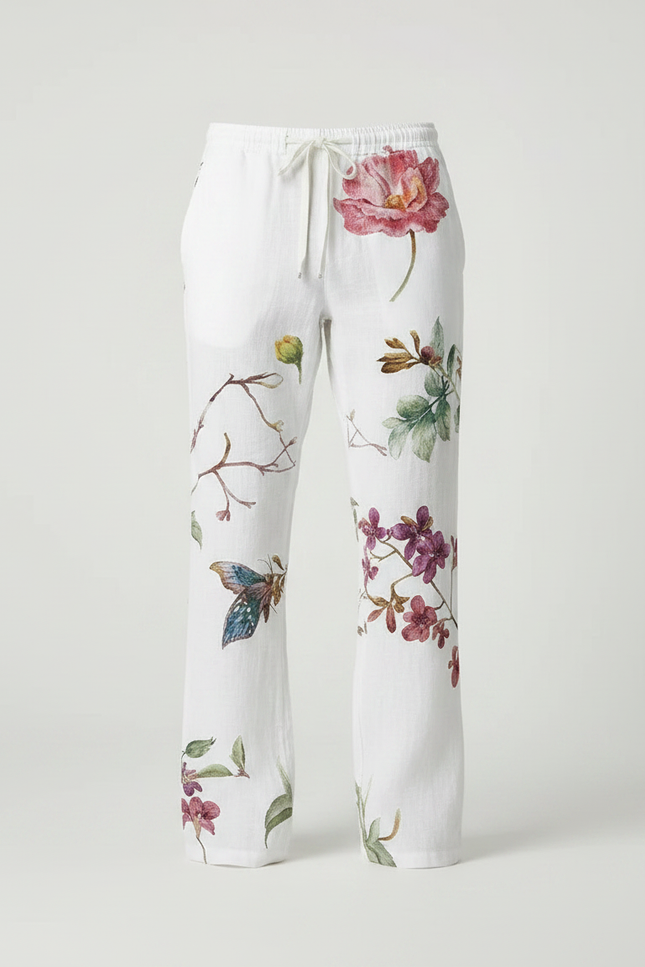 Pantalon Patte D'Éléphant Blanc Floral Ample Confortable Lin - vue 3