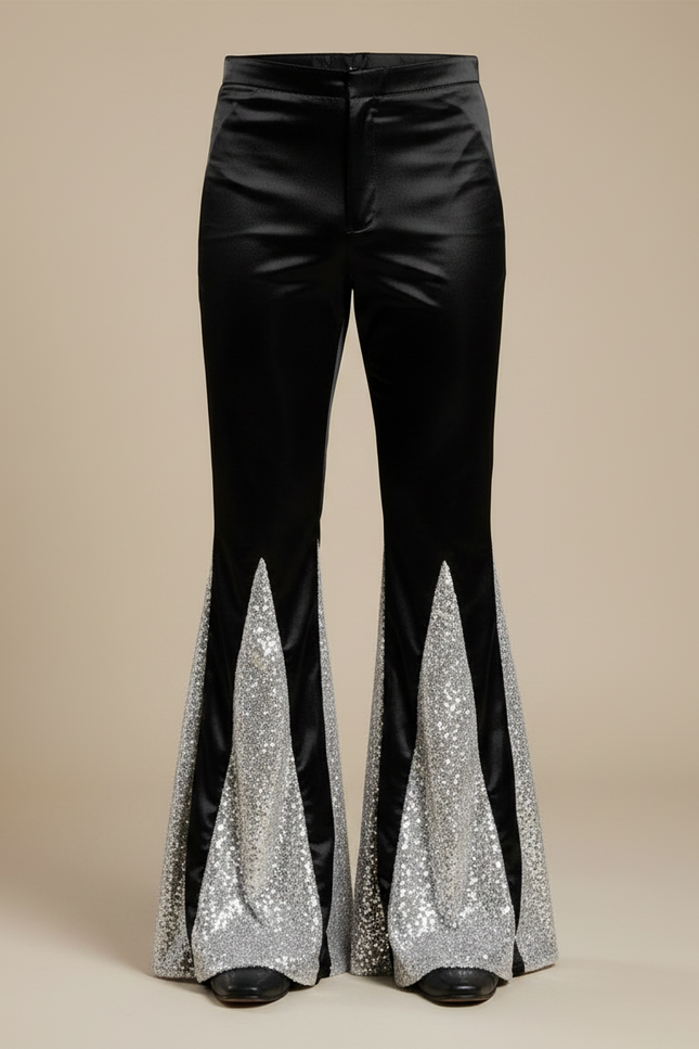 Pantalon Patte D'Éléphant Noir Satin Paillettes Argentées Homme - vue 3