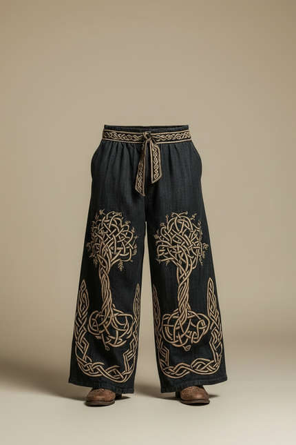 Pantalon Patte D'Éléphant Noir Brodé Celtique Ample Homme - Jean - vue 3
