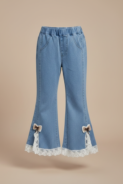 Pantalon Patte D'Éléphant Jean Évasé Dentelle Papillon Fille - Bleu - vue 3